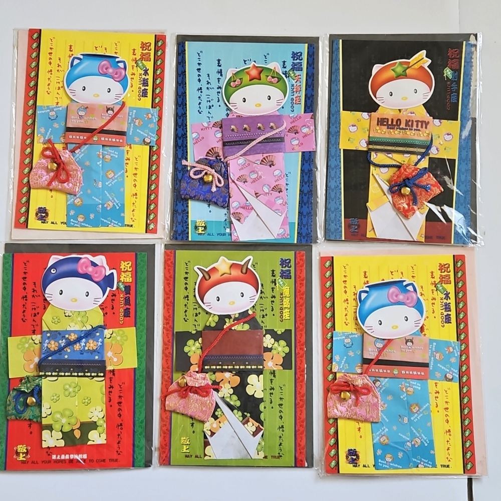 x6 NWT Handmade Hello Kitty Greeting Cards Cute Japanese Kimono 3D Origami Cards